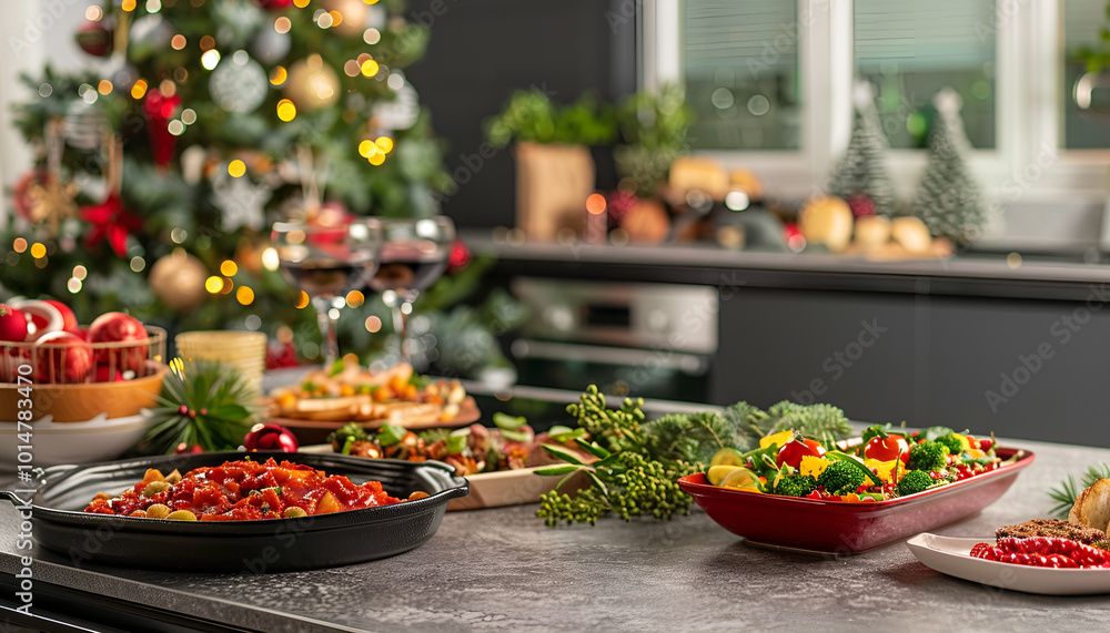 A modern kitchen scene with a completely plant-based christmas meal, featuring a festive table setting, various vegan dishes, and a decorated christmas tree in the background A modern kitchen scene with a completely plant-based christmas meal, featuring a festive table setting, various vegan dishes, and a decorated christmas tree in the background