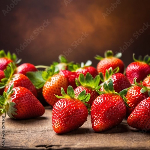 Fresh ripe red organic strawberries closeup on a wooden table. Background with free space	