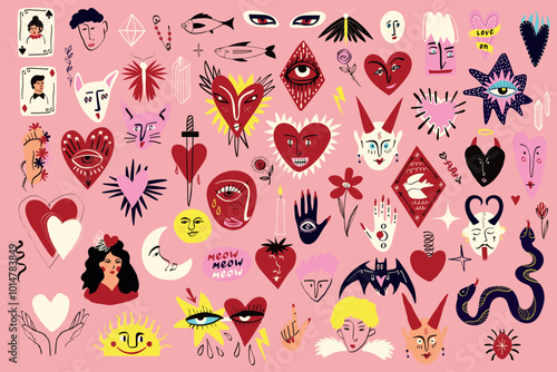 A set of funky ugly illustrations for Valentines Day. Vector modern illustration in doodle style