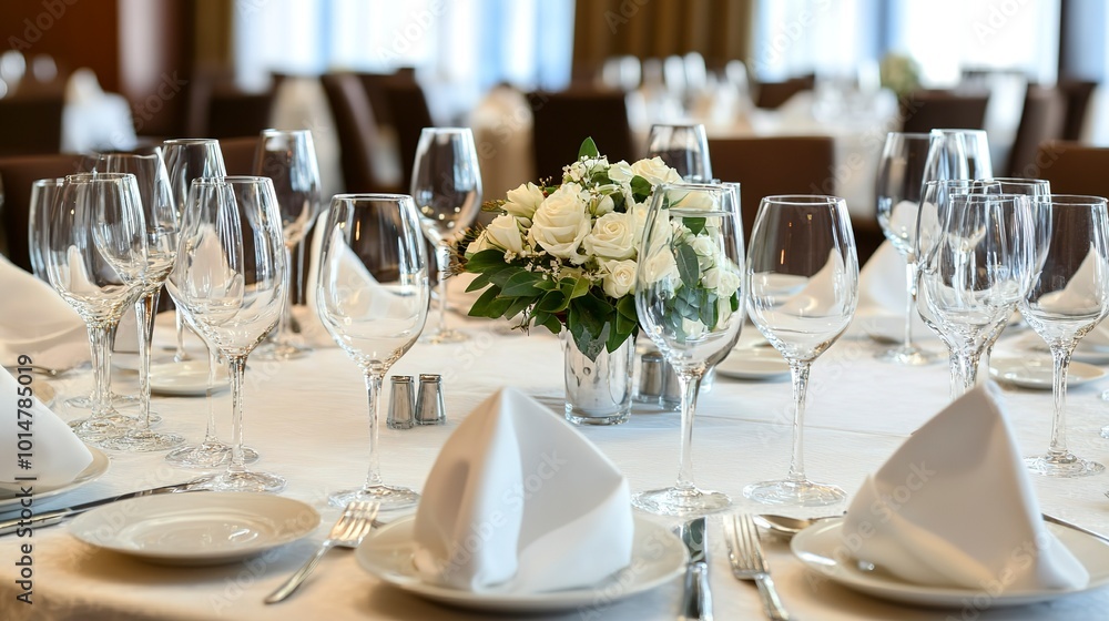 Table setting at hotel or restaurant for special occasion. Graduation party or ceremony Table setting at hotel or restaurant for special occasion. Graduation party or ceremony