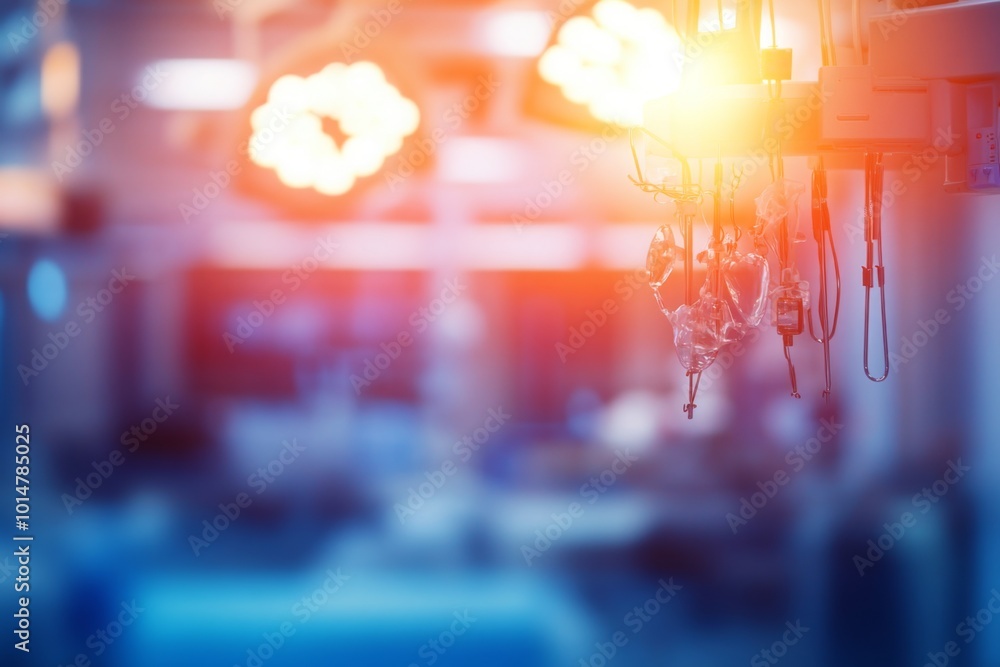 Medical Instruments Hanging Above a Blurred Operating Room Medical Instruments Hanging Above a Blurred Operating Room