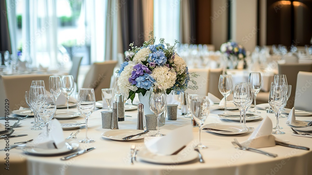 Table setting at hotel or restaurant for special occasion. Graduation party or ceremony Table setting at hotel or restaurant for special occasion. Graduation party or ceremony