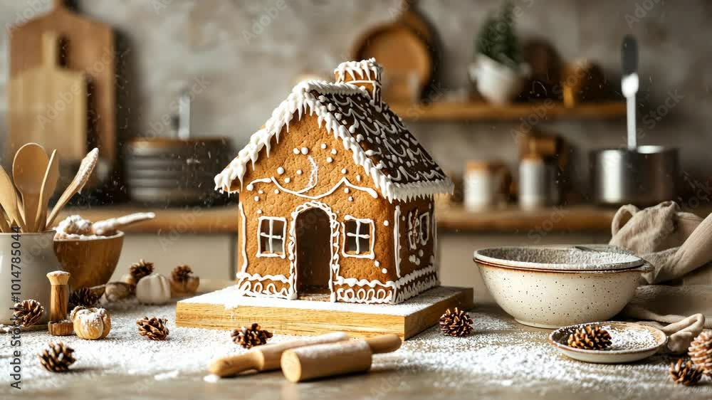 Rustic gingerbread house with simple icing patterns, set amidst baking supplies and natural materials for a warm, homemade holiday scene. Gingerbread house, New Year, Christmas Rustic gingerbread house with simple icing patterns, set amidst baking supplies and natural materials for a warm, homemade holiday scene. Gingerbread house, New Year, Christmas