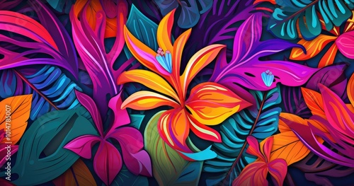 A beautiful vibrant and colorful pattern featuring bold, abstract shapes in various shades of green, orange, pink, blue, yellow, white and purple, and black, reminiscent of tropical flowers like