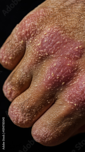 Detailed Close-Up of Granuloma Annulare on Hand Illustrating Ring-Shaped Lesions and Their Unique Raised Characteristics photo