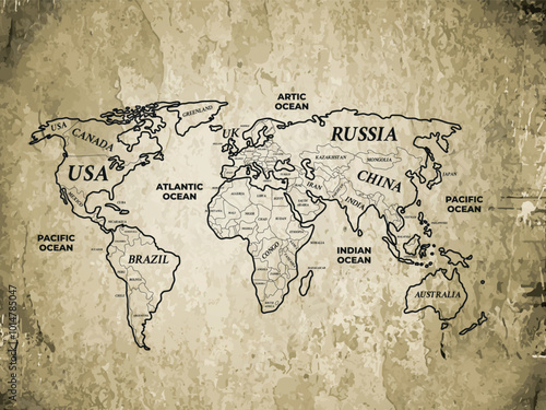 Vintage World Map with continents specified