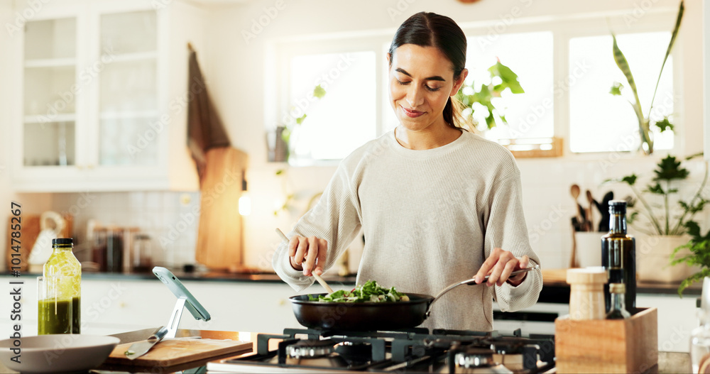 Cooking, woman and kitchen with pan, healthy food and relax in home with smile at counter and stove. Diet, nutrition and vegetables with meal prep, happy and vegan sir fry with health and wellness Cooking, woman and kitchen with pan, healthy food and relax in home with smile at counter and stove. Diet, nutrition and vegetables with meal prep, happy and vegan sir fry with health and wellness