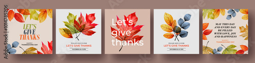 Happy Thanksgiving Day concept of card, cover, invitation set with beautiful bright autumn leaves. Modern Fall season art style design templates for celebration, ads, branding, banner, label, poster