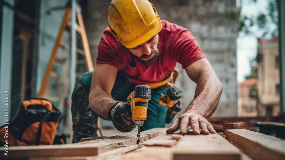 A construction worker using a drill on wooden planks at a building site. A construction worker using a drill on wooden planks at a building site.