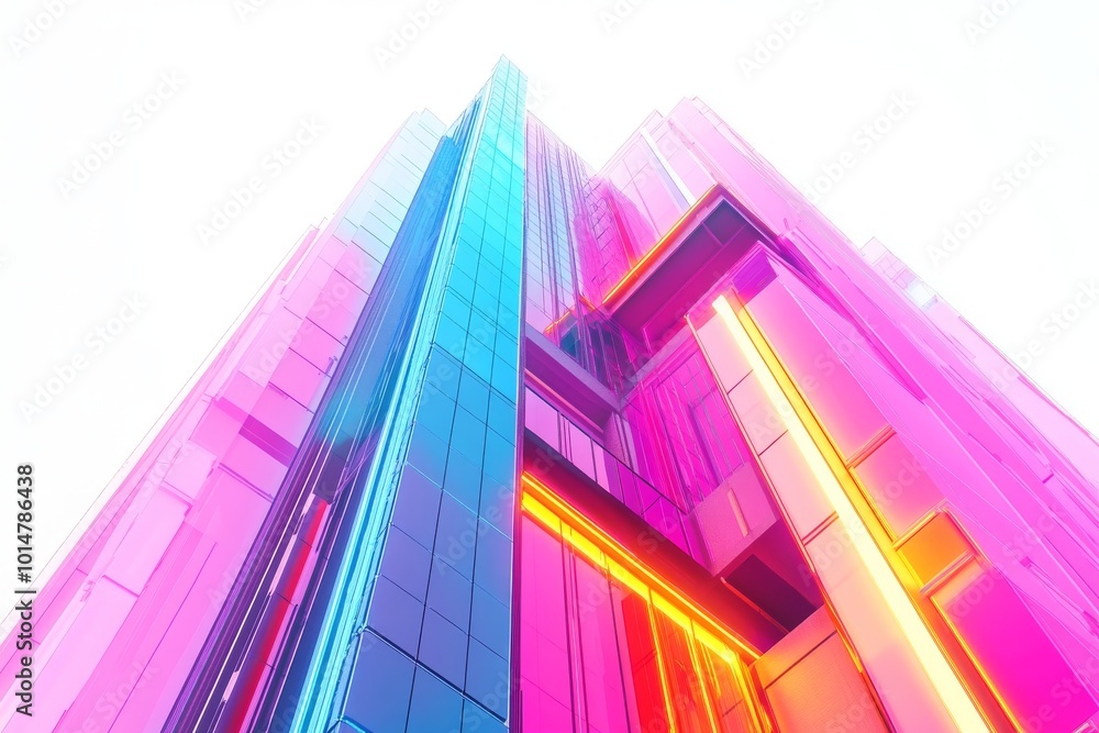 Futuristic skyscraper on a white backdrop, showcasing vibrant neon colors and sleek synthwave design. Futuristic skyscraper on a white backdrop, showcasing vibrant neon colors and sleek synthwave design.