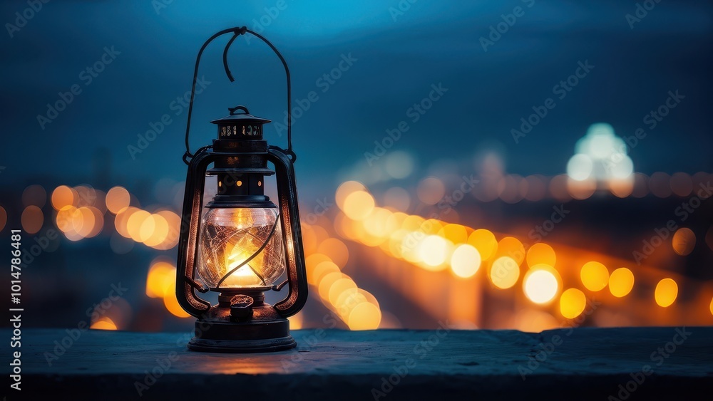 A glowing lantern on a ledge with a blurred cityscape in the background at dusk. A glowing lantern on a ledge with a blurred cityscape in the background at dusk.