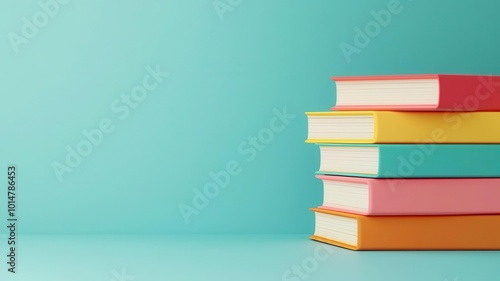 Colorful notebooks stacked neatly, vibrant school supplies scene, 3D illustration