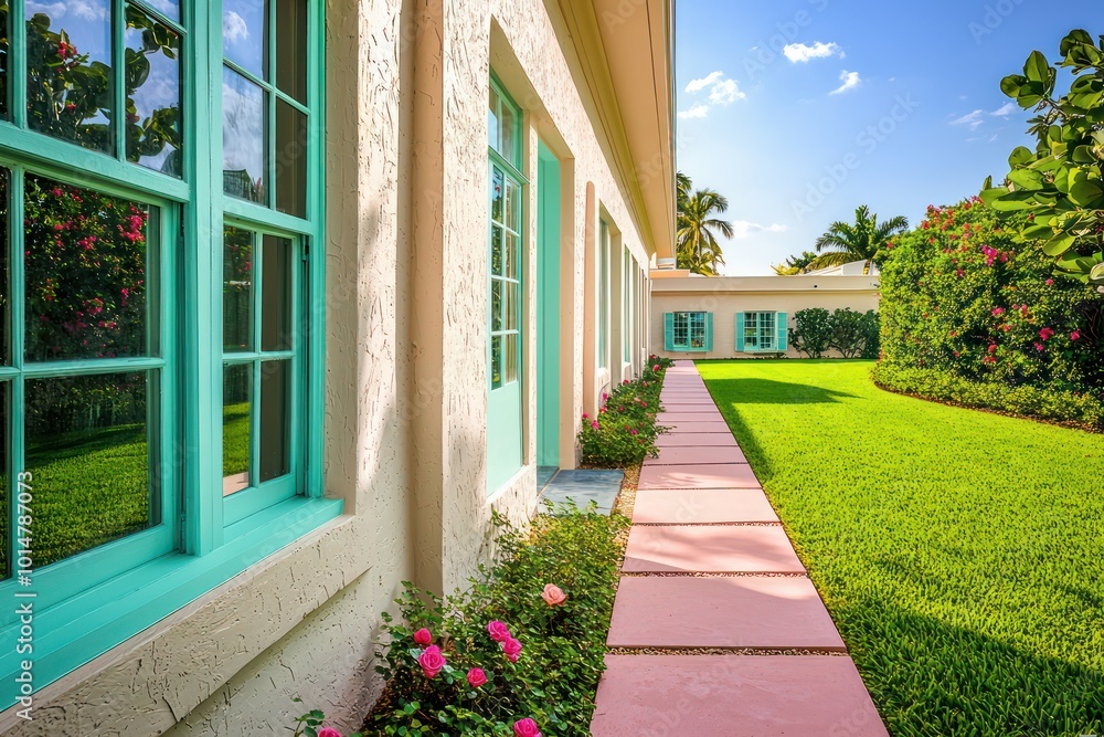 Elegant home with quartz window frames, a coral terrace, and ivory walls The path is pistachio, leading to a slate door, with a rose lawn under a lemon sky Elegant home with quartz window frames, a coral terrace, and ivory walls The path is pistachio, leading to a slate door, with a rose lawn under a lemon sky