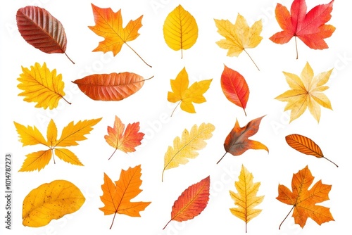 Many different bright autumn leaves isolated on white - generative ai