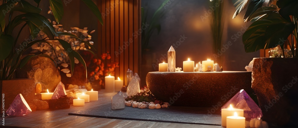 Serene Healing Space with Candles and Crystals Serene Healing Space with Candles and Crystals