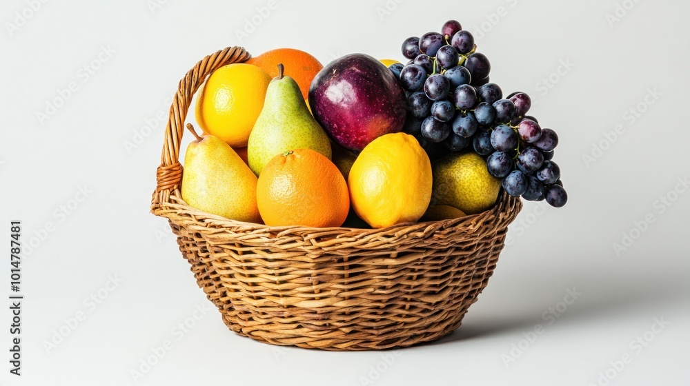 A wicker basket filled with various fresh fruits including grapes, apples, pears, and oranges. A wicker basket filled with various fresh fruits including grapes, apples, pears, and oranges.