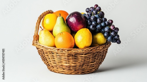 A wicker basket filled with various fresh fruits including grapes, apples, pears, and oranges.