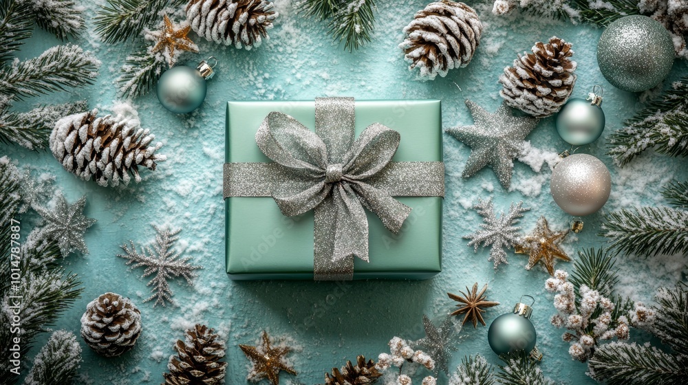 Shimmering Gift Box Surrounded by Festive Decorations Shimmering Gift Box Surrounded by Festive Decorations