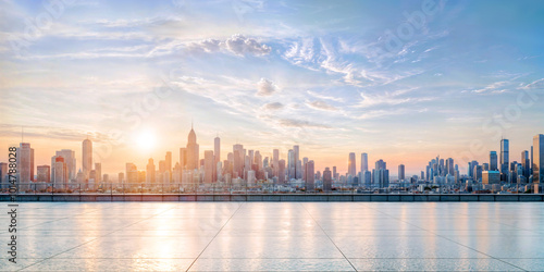 Fototapeta Naklejka Na Ścianę i Meble -  Empty floor and stunning view of city skyline, car backplate.