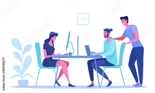 agency employees working at computers and exchanging ideas