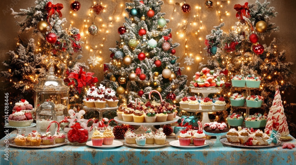 Lively Christmas Party Scene with Festive Table and Treats Lively Christmas Party Scene with Festive Table and Treats