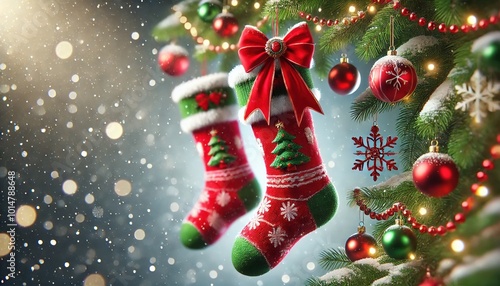 Red Christmas stockings hanging on a Christmas tree with Christmas decorations