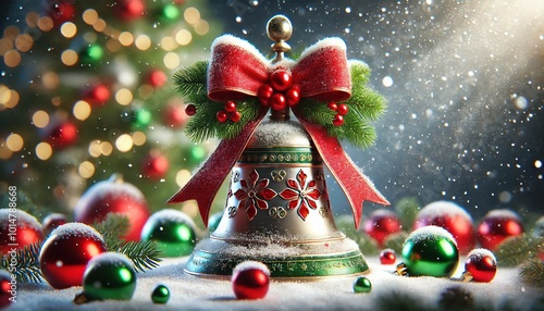 Big Christmas bell in the falling snow