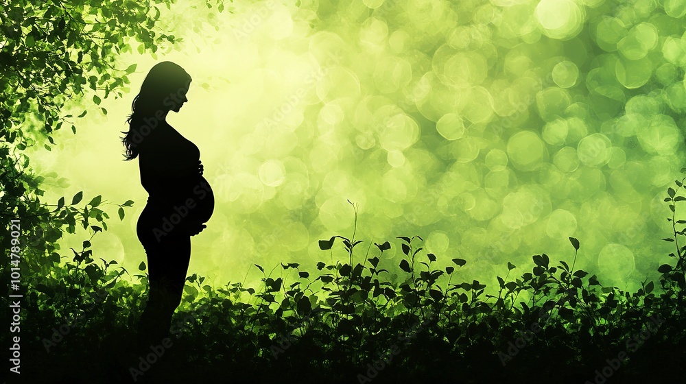 A serene maternity shot featuring a pregnant silhouette against a lush green background, celebrating motherhood and new beginnings. A serene maternity shot featuring a pregnant silhouette against a lush green background, celebrating motherhood and new beginnings.