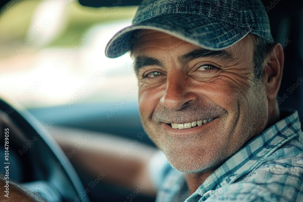 A smiling man wearing a hat sits inside a vehicle, possibly on a break or enjoying the ride A smiling man wearing a hat sits inside a vehicle, possibly on a break or enjoying the ride