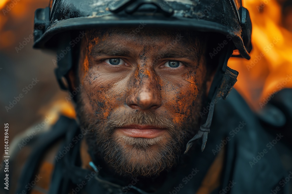 Man with a black helmet and a dirty face. He is wearing a black shirt. Firefighter in Burning fire background Man with a black helmet and a dirty face. He is wearing a black shirt. Firefighter in Burning fire background