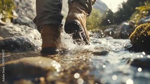 Person walking through a stream, splashing water with hiking boots.