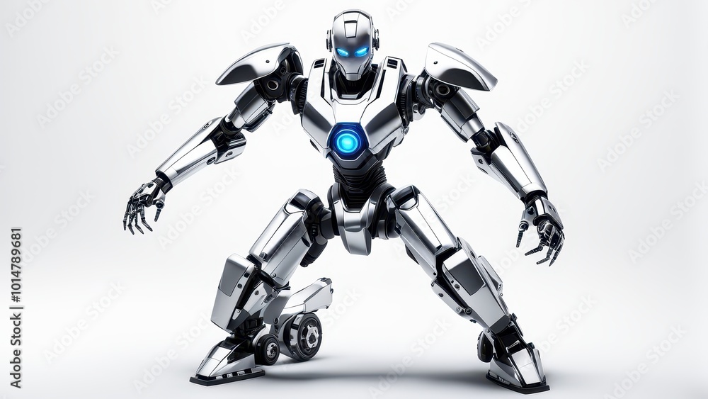 A futuristic robot with blue accents, posed dynamically against a light background. A futuristic robot with blue accents, posed dynamically against a light background.