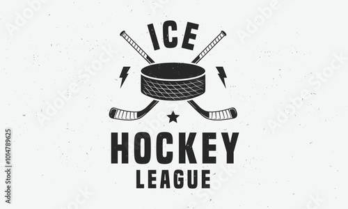 Ice Hockey vintage emblem, badge, poster. Trendy vintage poster with ice hockey cues and puck. Grunge texture. Vector illustration