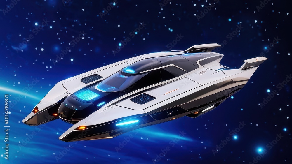 A futuristic spaceship design with sleek lines and glowing accents in a starry space backdrop. A futuristic spaceship design with sleek lines and glowing accents in a starry space backdrop.