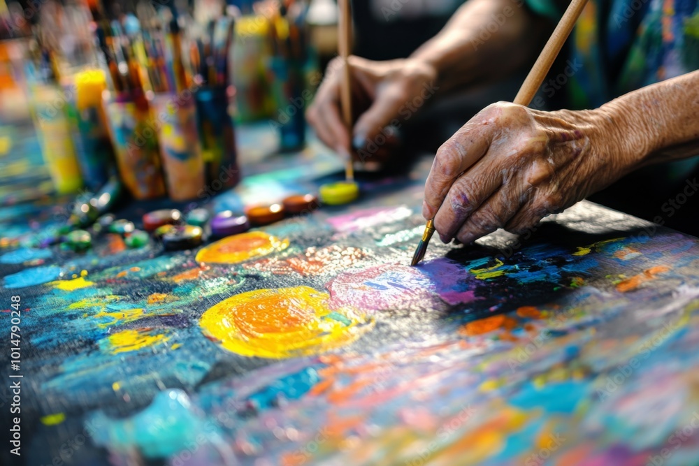 Close-Up of a Hand Painting on a Canvas with Vibrant Colors Close-Up of a Hand Painting on a Canvas with Vibrant Colors