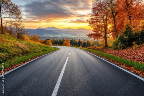 Black asphalt road landscape at sunset in beautiful colorful nature. Highway scenery among mountains in autumn season. Nature landscape on beautiful road in colorful fall - generative ai