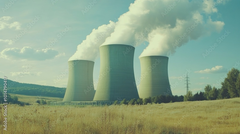 Industrial power plant scene with two cooling towers emitting steam and smoke Industrial power plant scene with two cooling towers emitting steam and smoke
