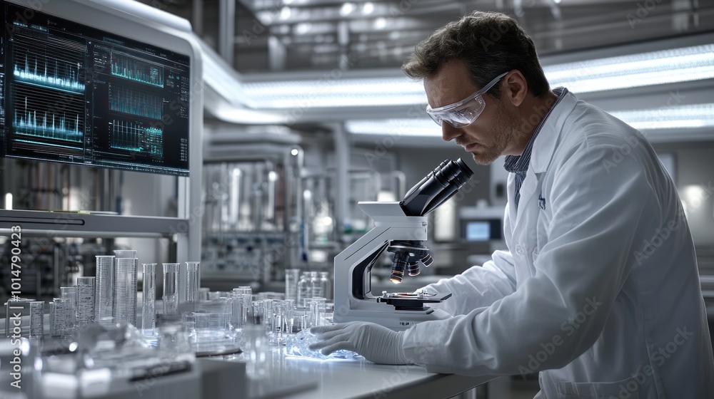 A scientist examines samples under a microscope in a modern laboratory setting. A scientist examines samples under a microscope in a modern laboratory setting.
