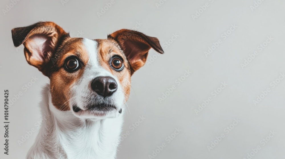 A close-up of a curious dog with one big ear raised, listening attentively. Fun and playful pet concept on a neutral background A close-up of a curious dog with one big ear raised, listening attentively. Fun and playful pet concept on a neutral background
