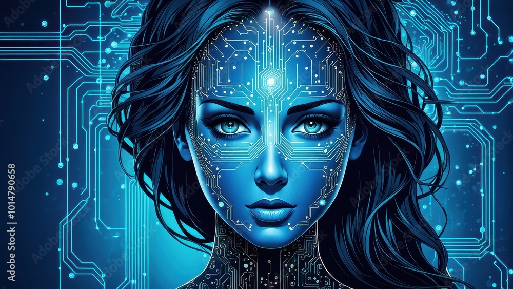 A futuristic woman with a circuit-like design on her face, symbolizing technology and AI. A futuristic woman with a circuit-like design on her face, symbolizing technology and AI.