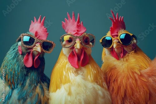 Group of chickens with sunglasses stacked on top, fun and playful image photo