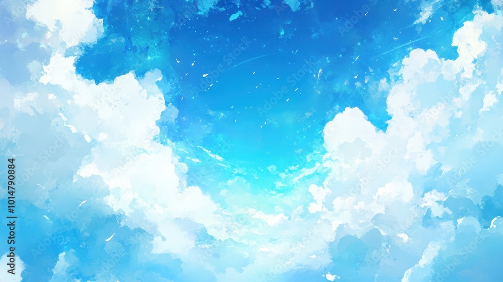 A delicate watercolor painting of a bright blue sky and gentle clouds, evoking peaceful vibes