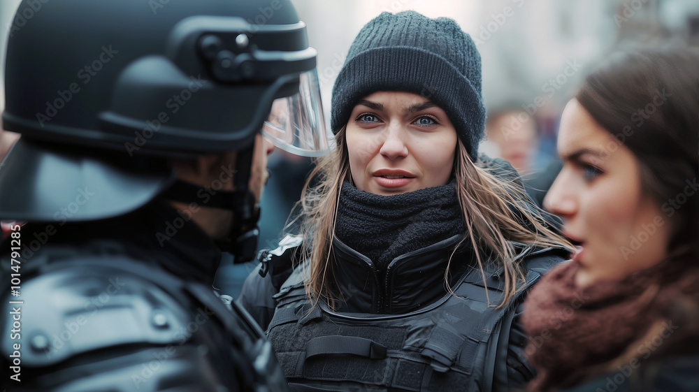 A close-up image of a police officer in riot gear communicating with protesters. This situation reflects tension, authority, and the dynamics of public demonstrations.