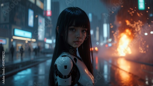 Ultra-realistic still from the film of a robot girl looking at the camera against the backdrop of a night city, full-face, flying sparks, explosions, fire, fog and smoke, wet asphalt after rain