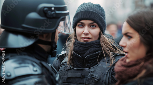 Obraz na płótnie A close-up image of a police officer in riot gear communicating with protesters. This situation reflects tension, authority, and the dynamics of public demonstrations. w salonie