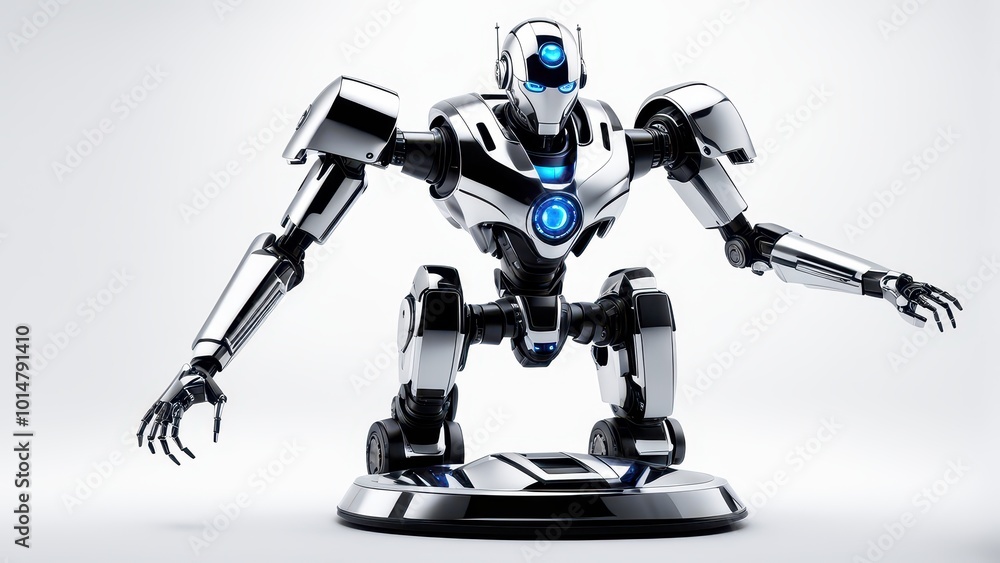 A futuristic robot with a sleek design and glowing elements, posed dynamically. A futuristic robot with a sleek design and glowing elements, posed dynamically.