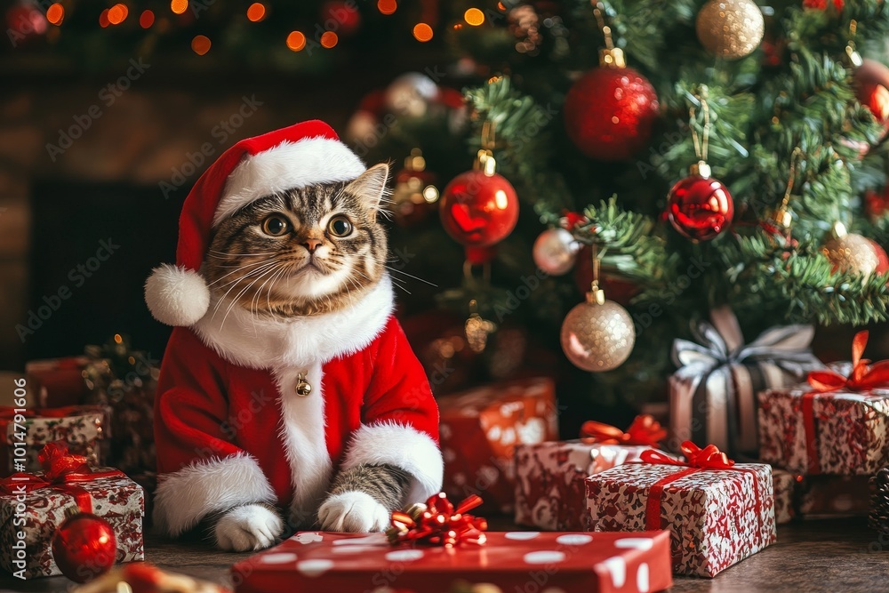 A cat dressed as Santa Claus sitting next to a small Christmas tree with holiday decorations A cat dressed as Santa Claus sitting next to a small Christmas tree with holiday decorations