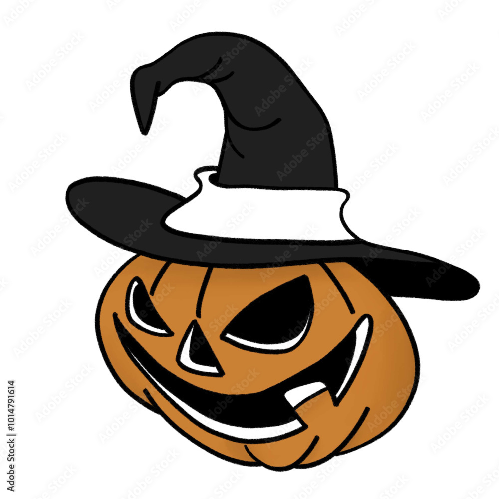 a drawing of halloween pumpkin with the black hat