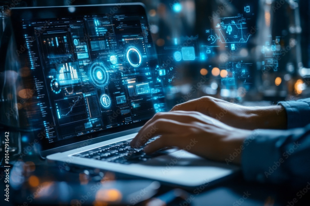 Hands Typing on Laptop with Futuristic Interface Hands Typing on Laptop with Futuristic Interface
