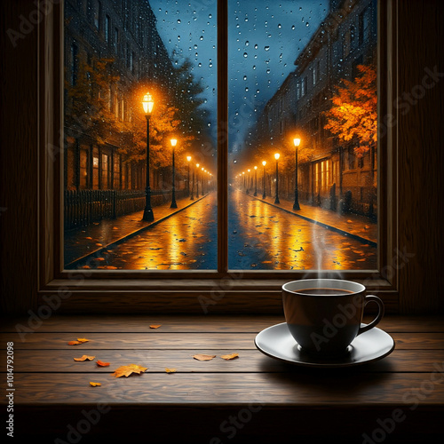 Cozy Coffee Cup by the Rainy Window with Autumn View